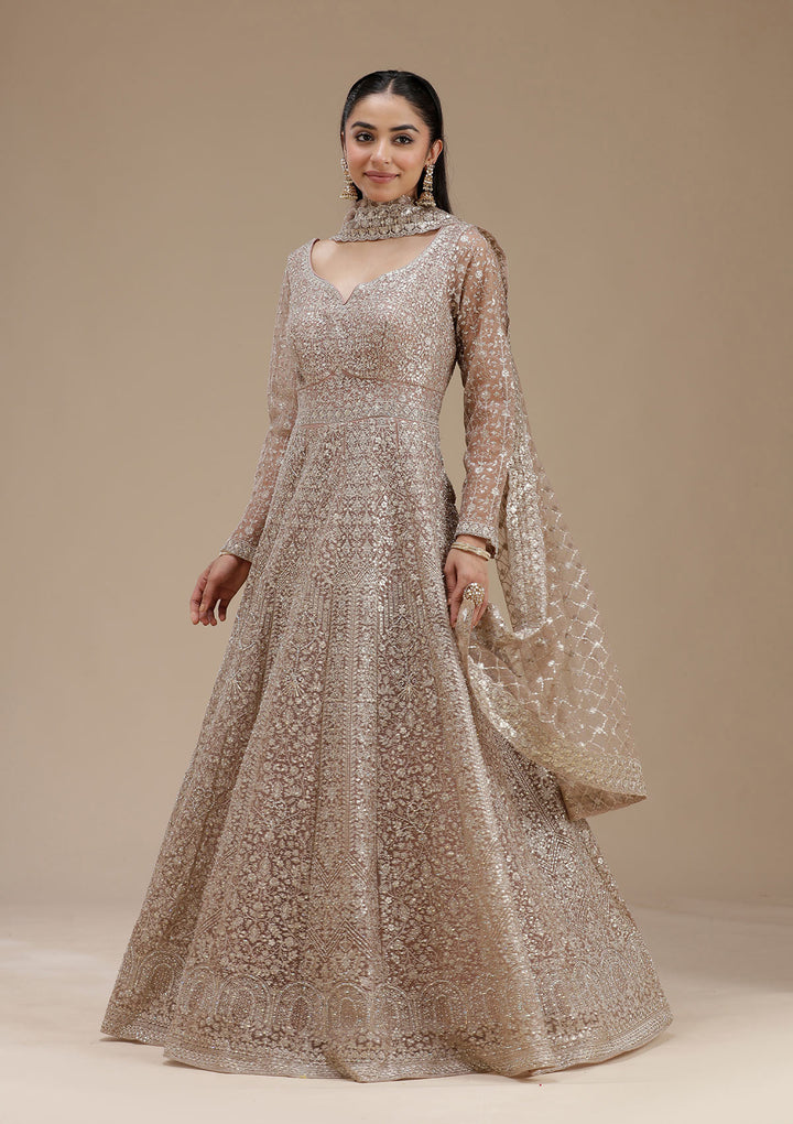 Mauve Zariwork (Gold) Net Readymade Salwar Suit