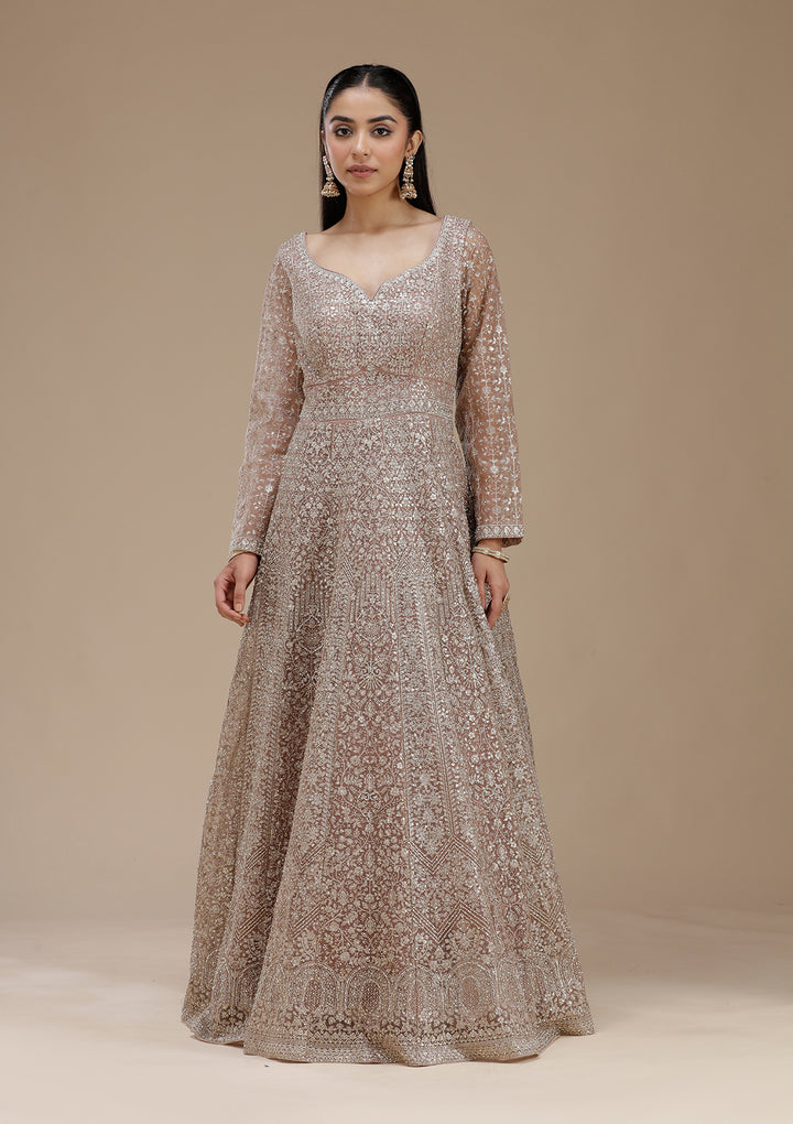 Mauve Zariwork (Gold) Net Readymade Salwar Suit