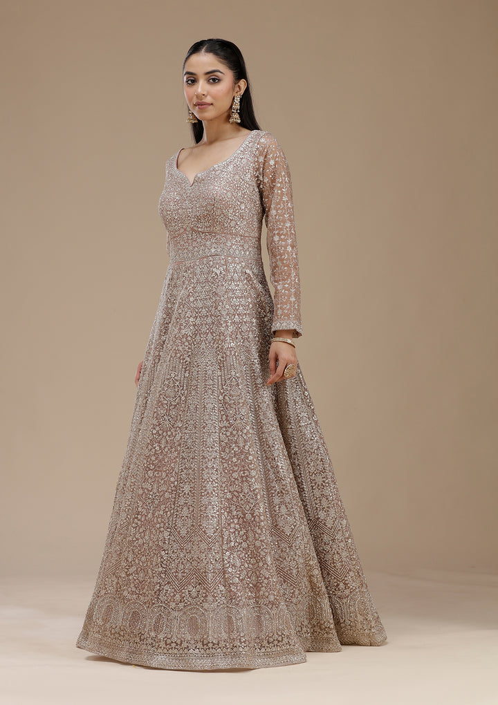 Mauve Zariwork (Gold) Net Readymade Salwar Suit