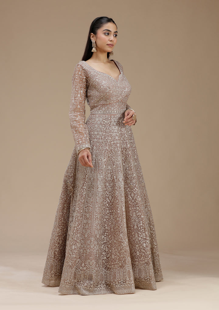 Mauve Zariwork (Gold) Net Readymade Salwar Suit