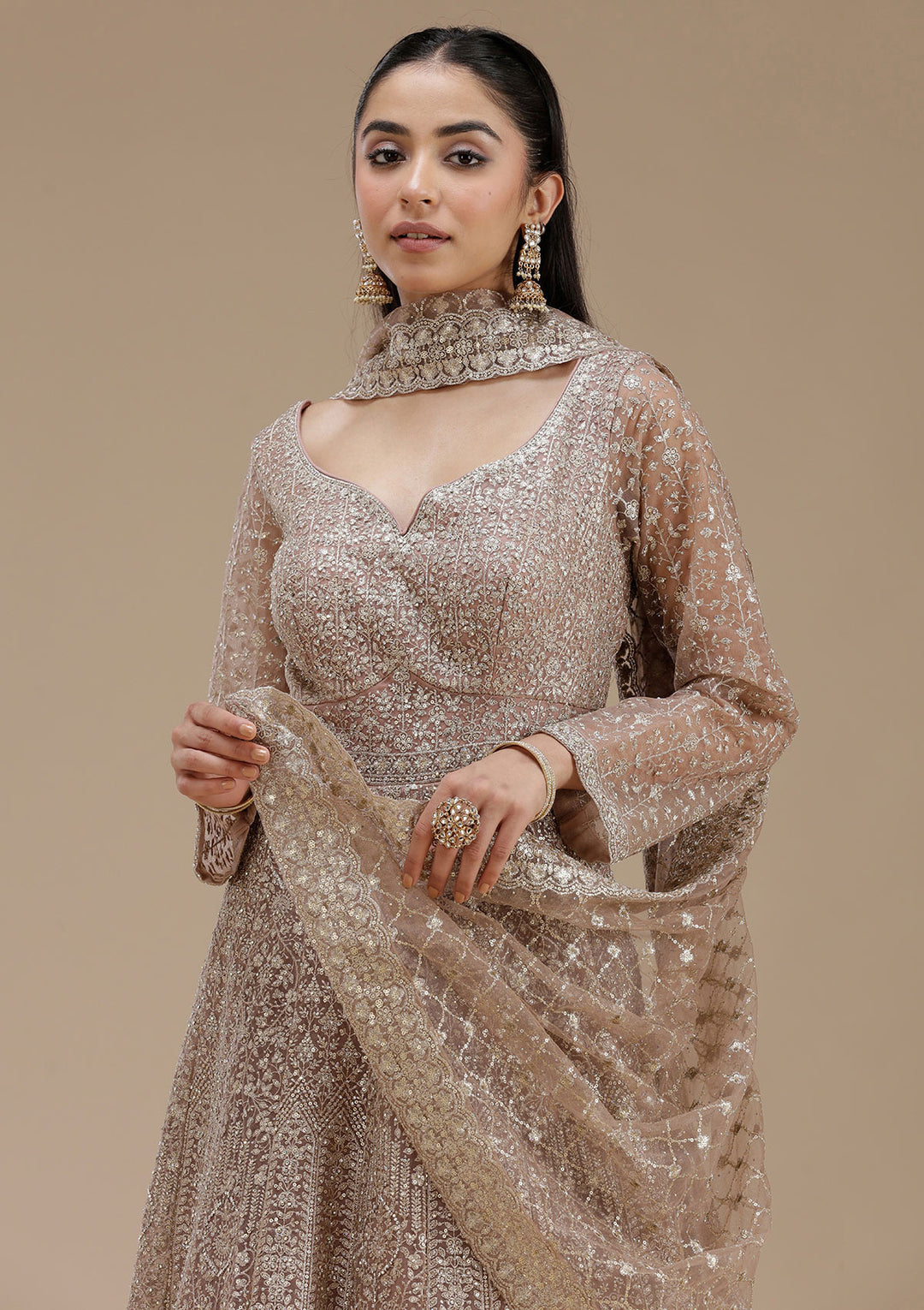 Mauve Zariwork (Gold) Net Readymade Salwar Suit