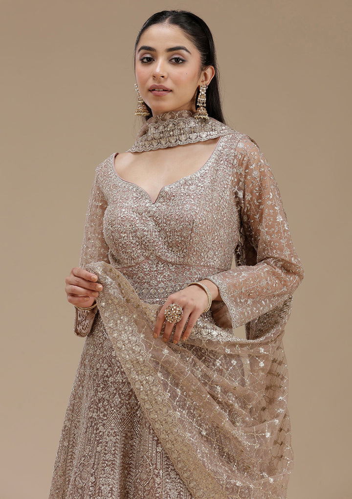 Mauve Zariwork (Gold) Net Readymade Salwar Suit
