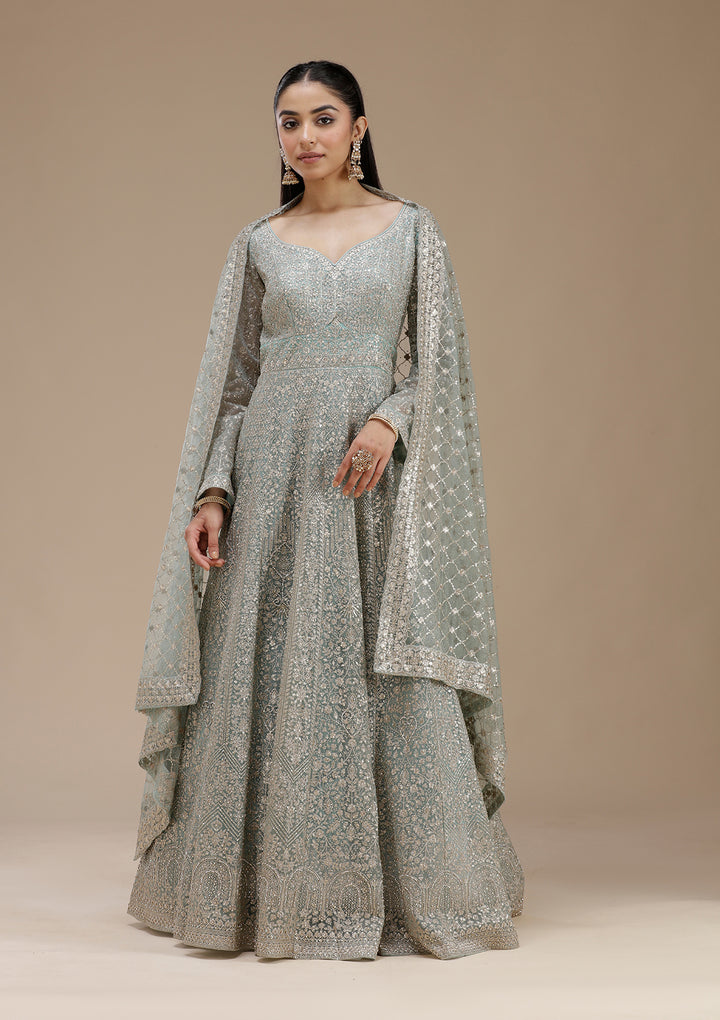 Sky Blue Zariwork (Gold) Net Readymade Salwar Suit
