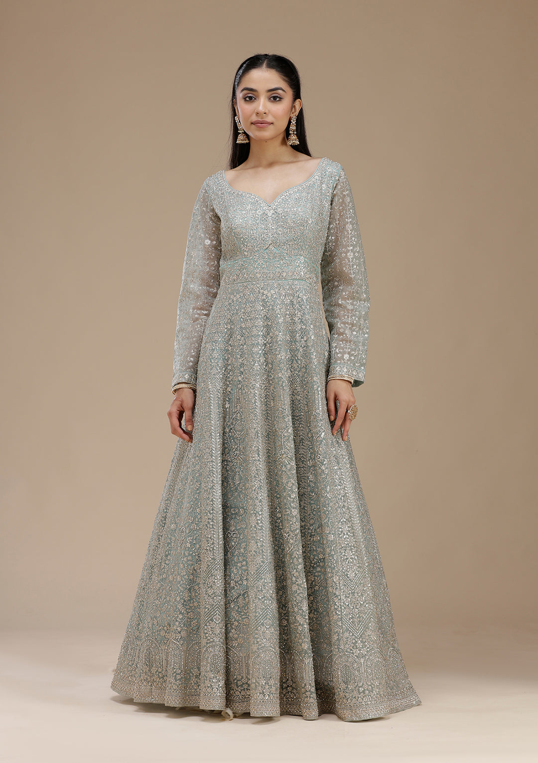 Sky Blue Zariwork (Gold) Net Readymade Salwar Suit