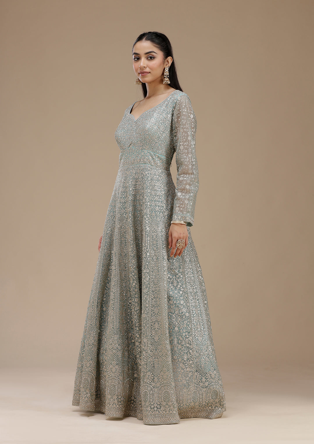 Sky Blue Zariwork (Gold) Net Readymade Salwar Suit