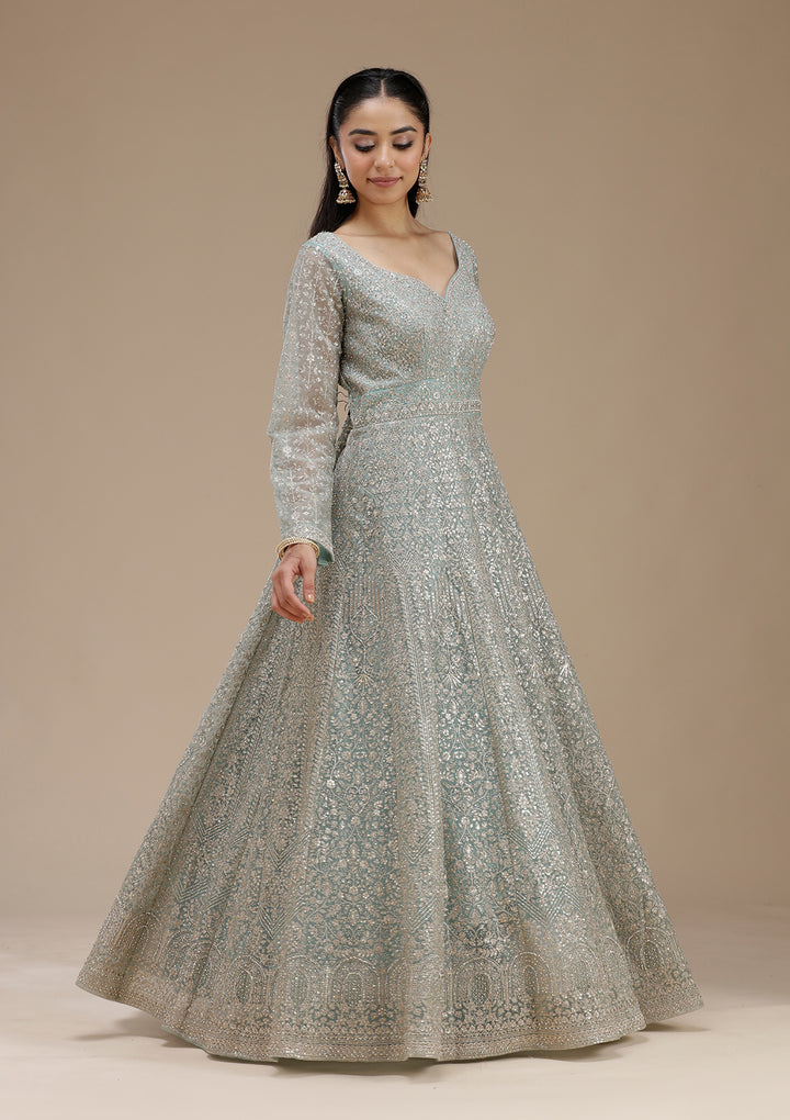 Sky Blue Zariwork (Gold) Net Readymade Salwar Suit