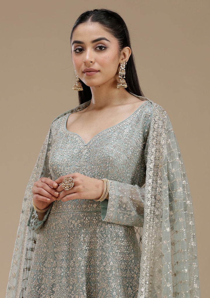 Sky Blue Zariwork (Gold) Net Readymade Salwar Suit