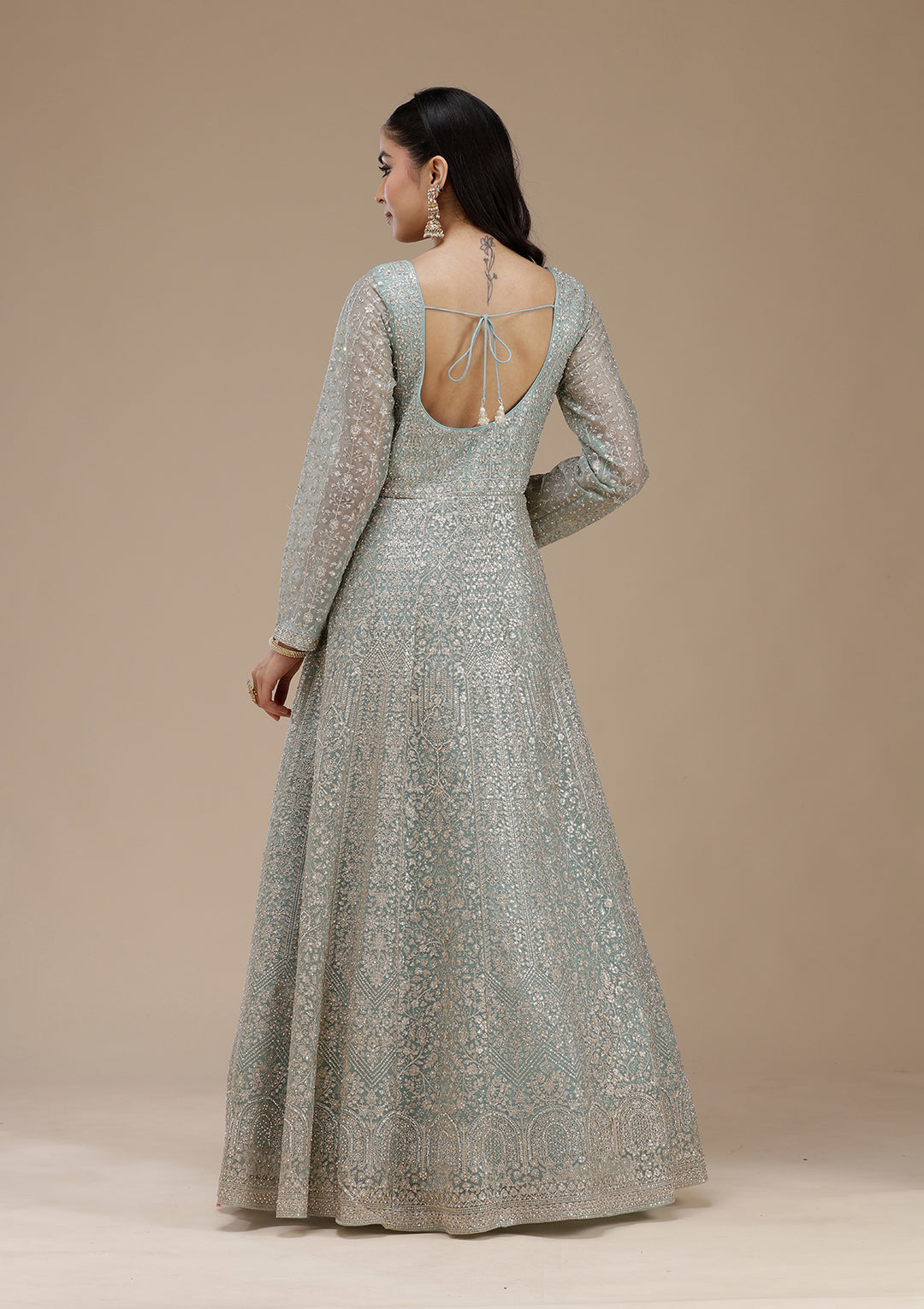 Sky Blue Zariwork (Gold) Net Readymade Salwar Suit