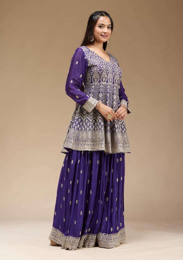 Royal Blue Zariwork (Gold) Chinon Readymade Salwar Suit