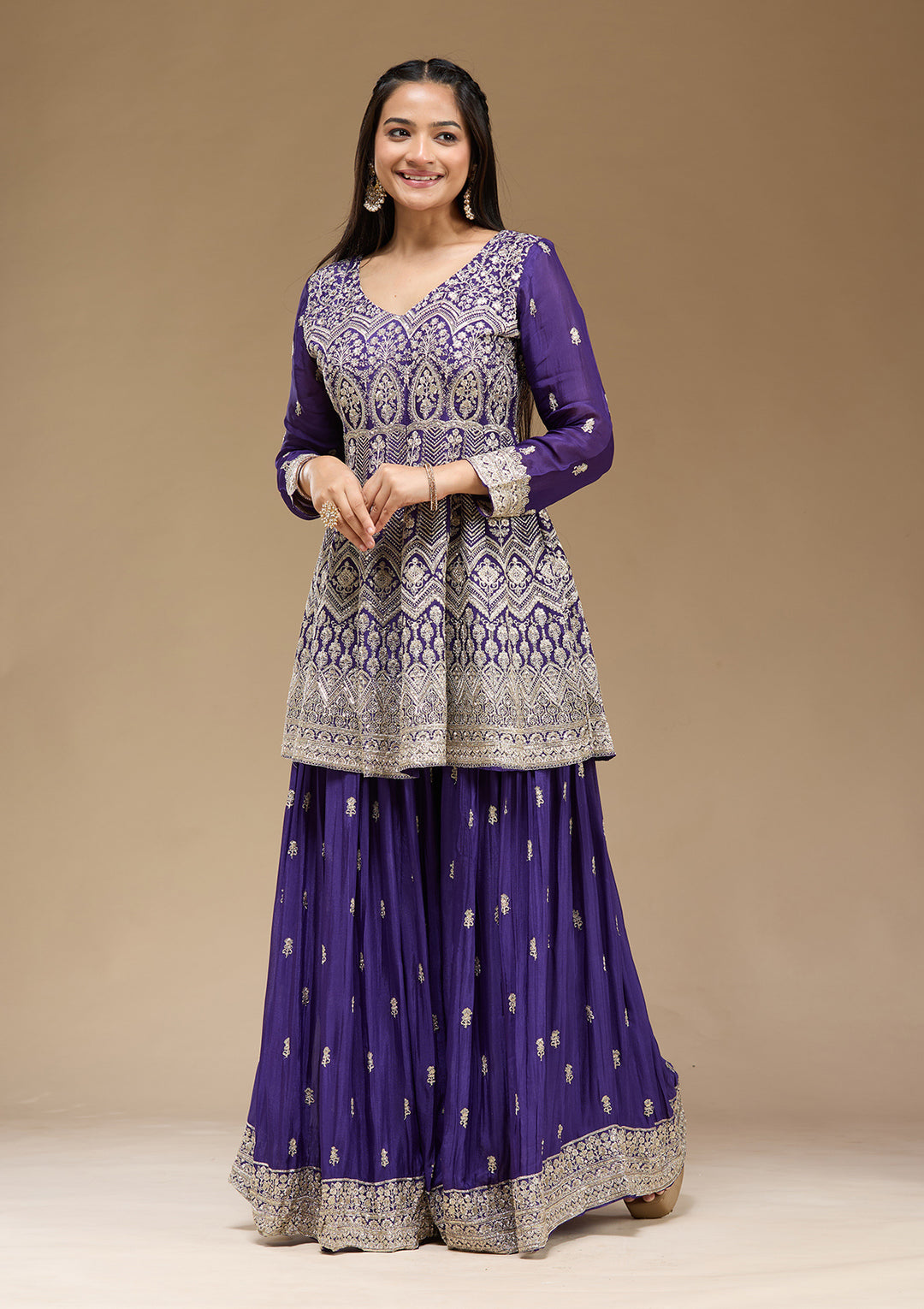 Royal Blue Zariwork (Gold) Chinon Readymade Salwar Suit