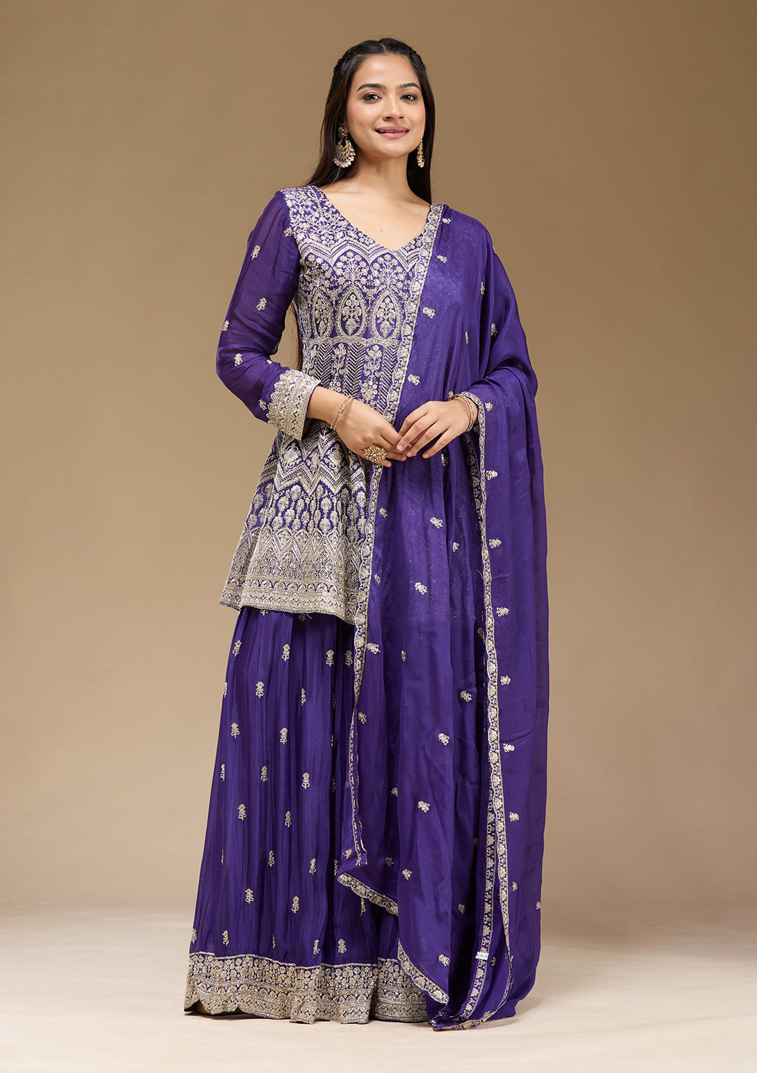 Royal Blue Zariwork (Gold) Chinon Readymade Salwar Suit
