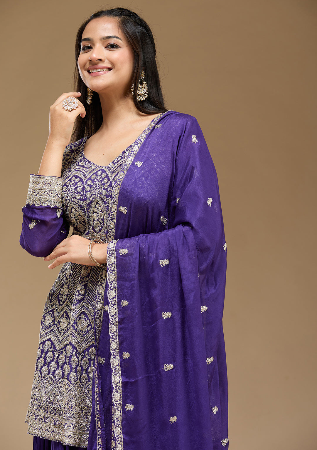 Royal Blue Zariwork (Gold) Chinon Readymade Salwar Suit