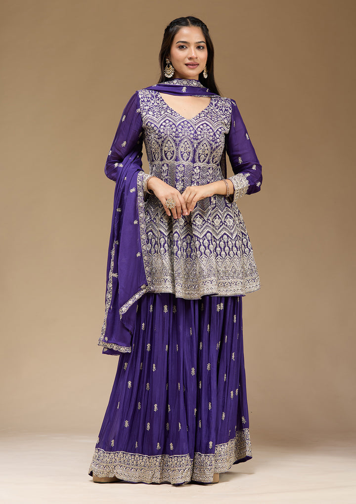 Royal Blue Zariwork (Gold) Chinon Readymade Salwar Suit