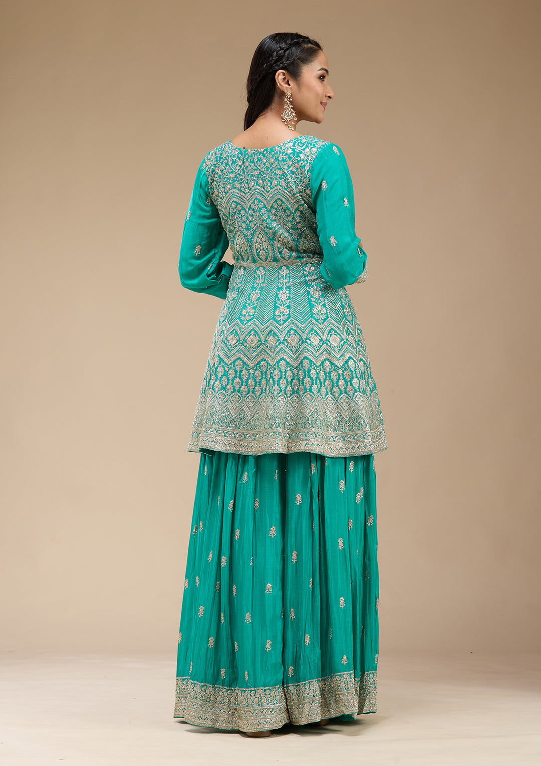 Sea Green Zariwork (Gold) Chinon Readymade Salwar Suit
