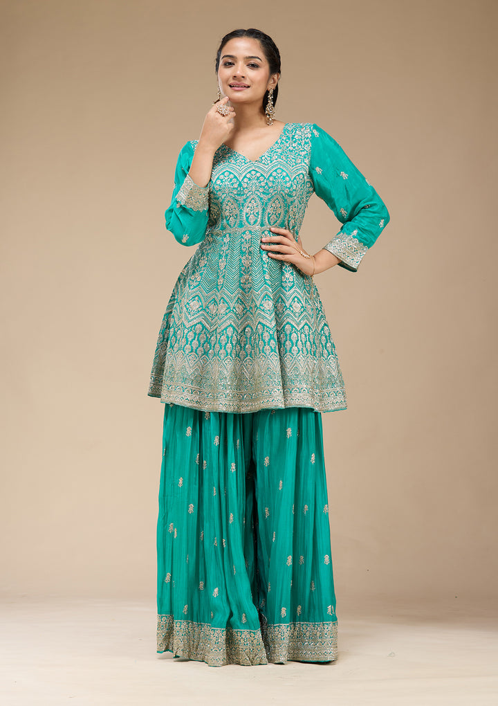 Sea Green Zariwork (Gold) Chinon Readymade Salwar Suit