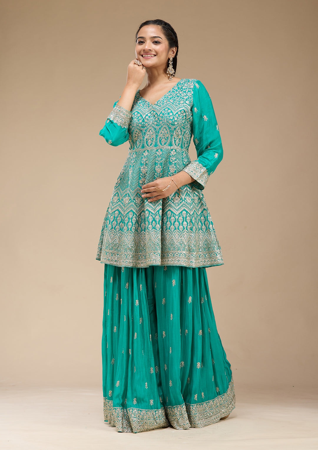 Sea Green Zariwork (Gold) Chinon Readymade Salwar Suit