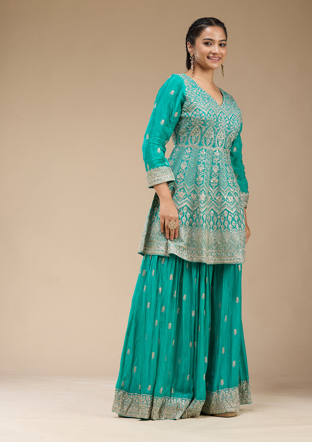 Sea Green Zariwork (Gold) Chinon Readymade Salwar Suit