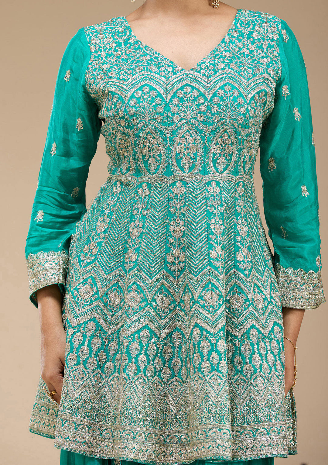 Sea Green Zariwork (Gold) Chinon Readymade Salwar Suit