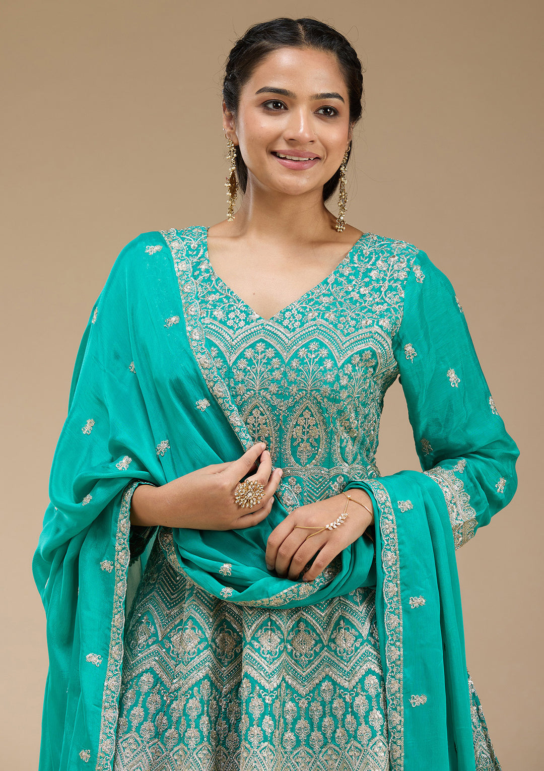 Sea Green Zariwork (Gold) Chinon Readymade Salwar Suit