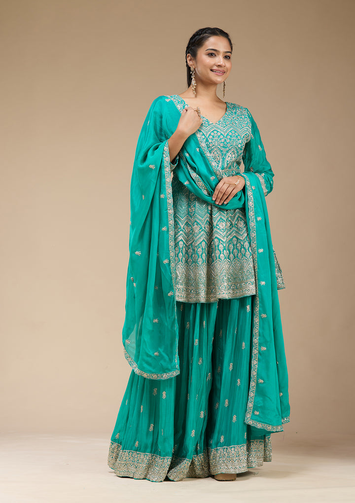 Sea Green Zariwork (Gold) Chinon Readymade Salwar Suit