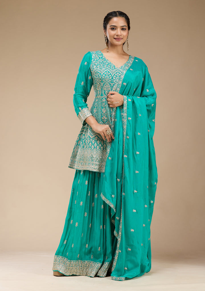Sea Green Zariwork (Gold) Chinon Readymade Salwar Suit