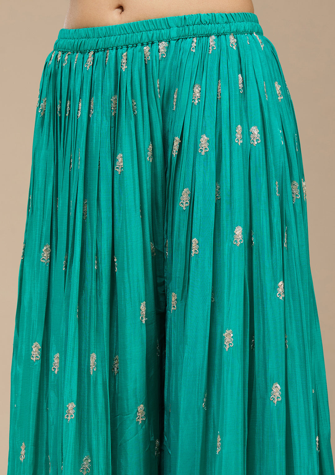 Sea Green Zariwork (Gold) Chinon Readymade Salwar Suit