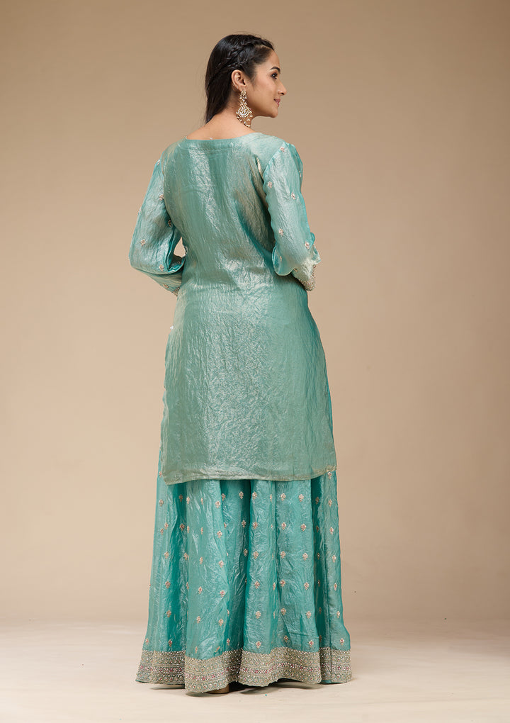 Sky Blue Zariwork (Gold) Tissue Readymade Salwar Suit