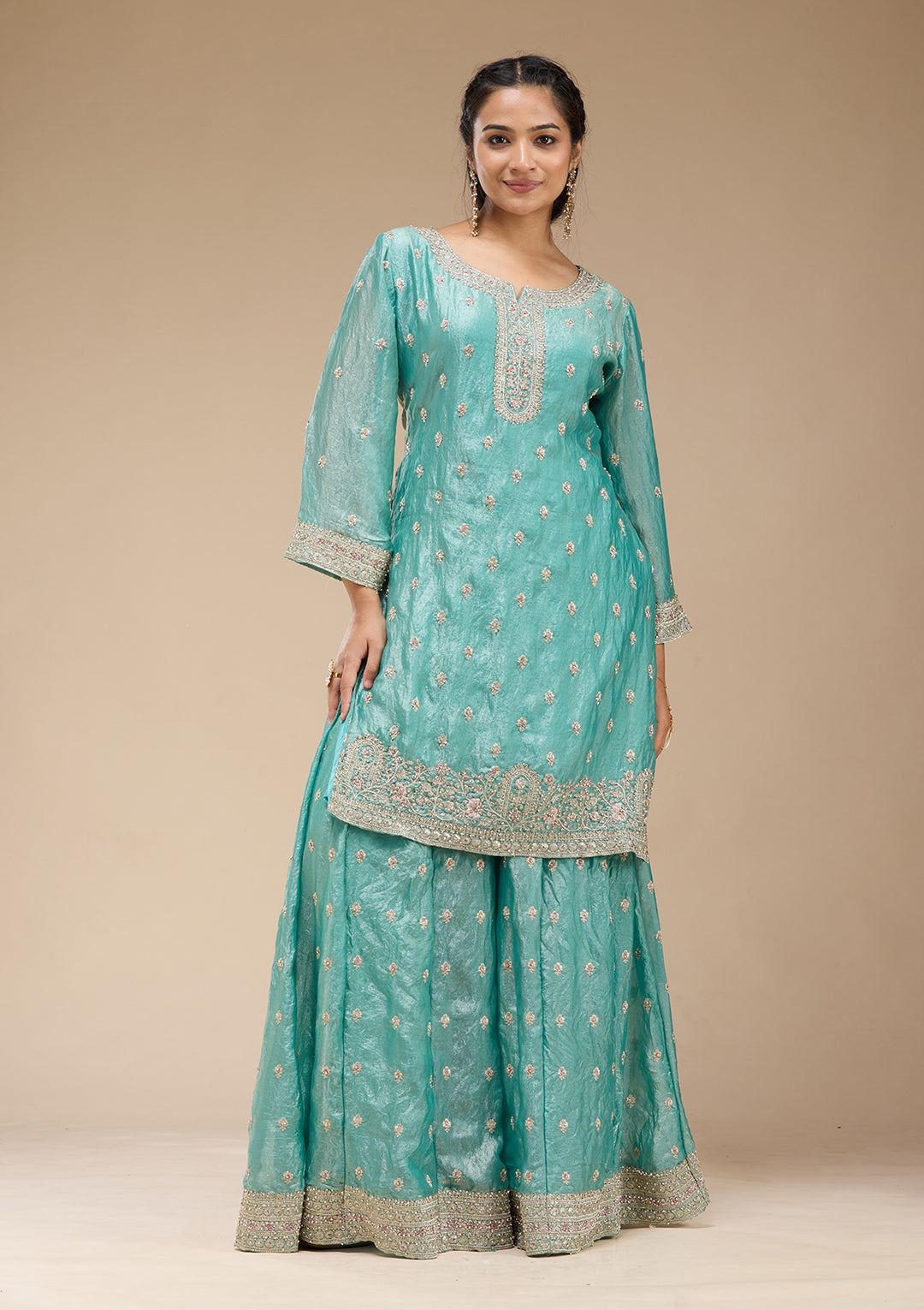 Sky Blue Zariwork (Gold) Tissue Readymade Salwar Suit