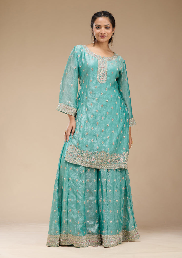 Sky Blue Zariwork (Gold) Tissue Readymade Salwar Suit