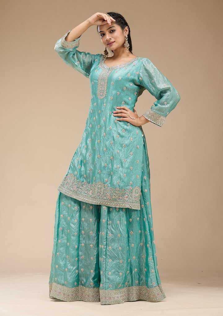 Sky Blue Zariwork (Gold) Tissue Readymade Salwar Suit