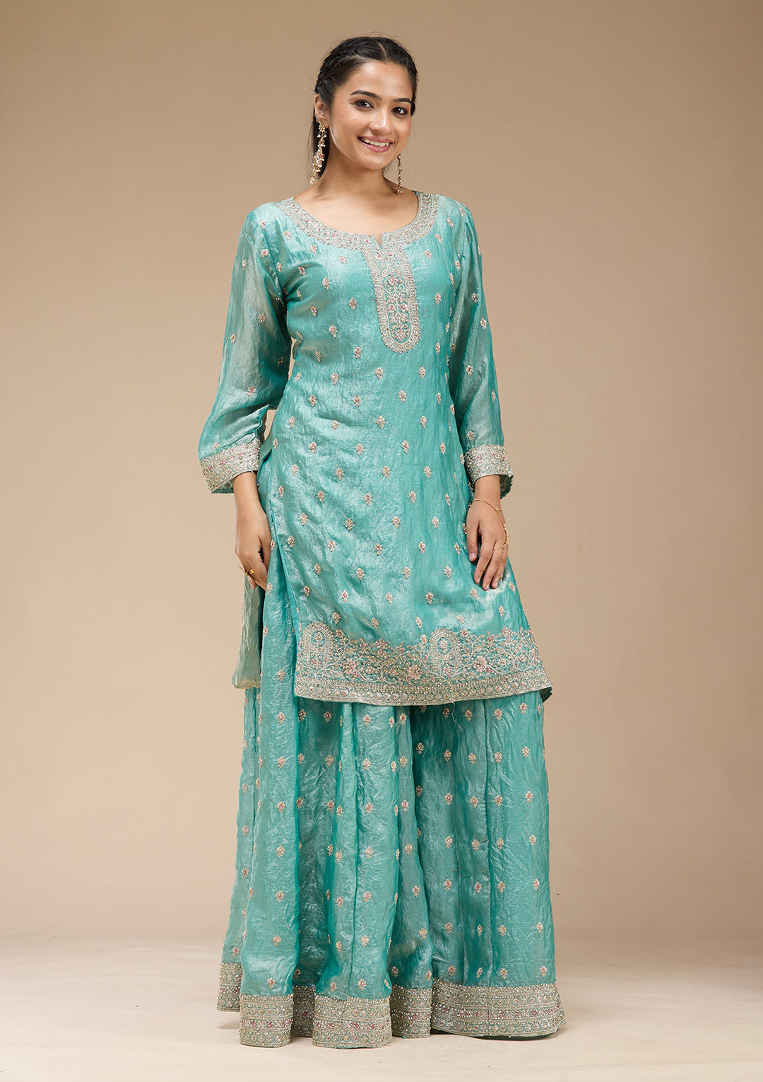 Sky Blue Zariwork (Gold) Tissue Readymade Salwar Suit