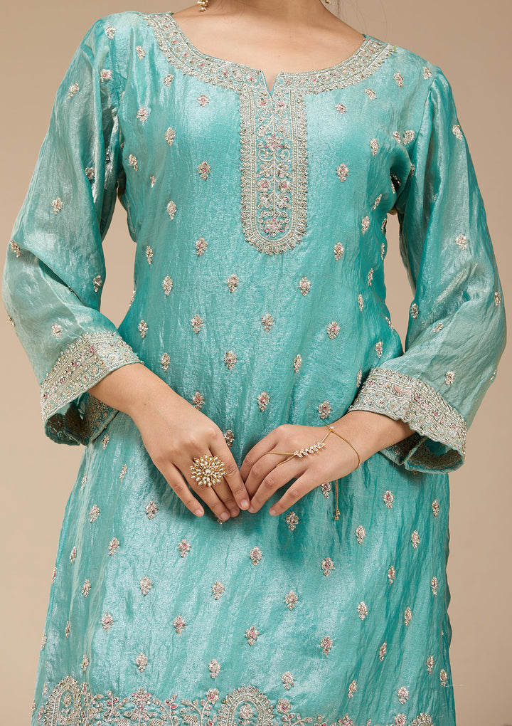 Sky Blue Zariwork (Gold) Tissue Readymade Salwar Suit