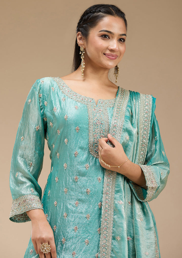 Sky Blue Zariwork (Gold) Tissue Readymade Salwar Suit
