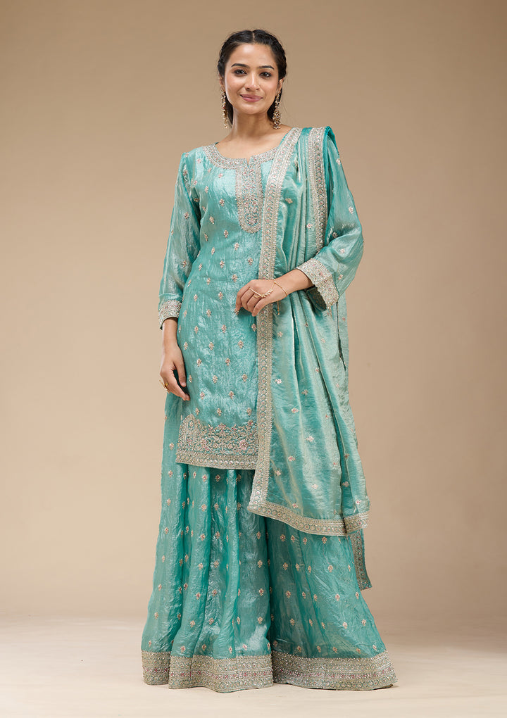 Sky Blue Zariwork (Gold) Tissue Readymade Salwar Suit
