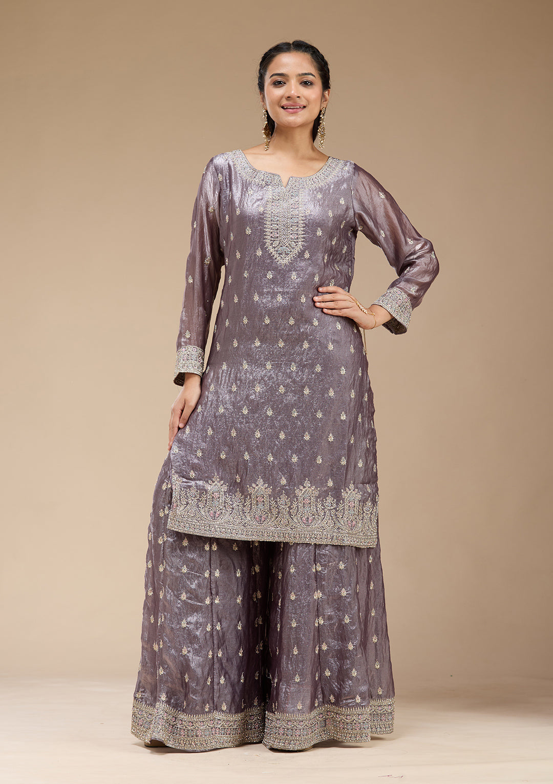 Dark Lavender Zariwork (Gold) Tissue Readymade Salwar Suit