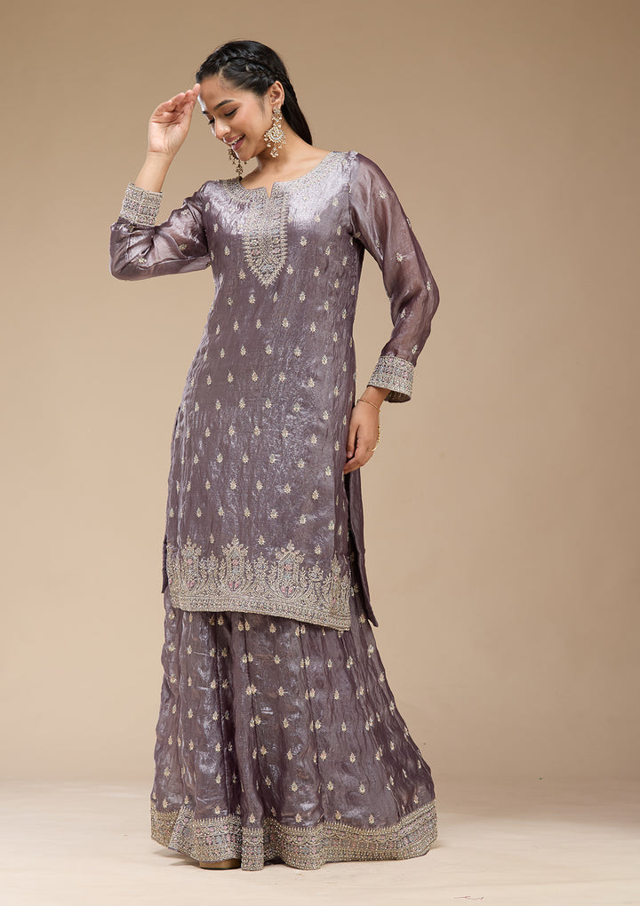 Dark Lavender Zariwork (Gold) Tissue Readymade Salwar Suit