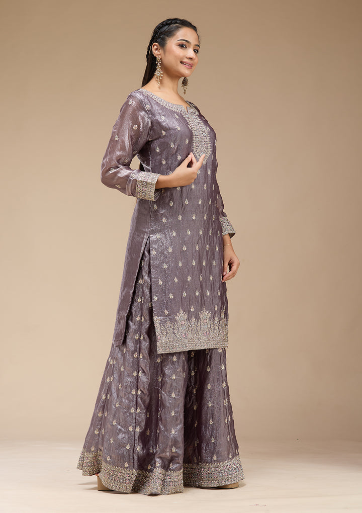 Dark Lavender Zariwork (Gold) Tissue Readymade Salwar Suit