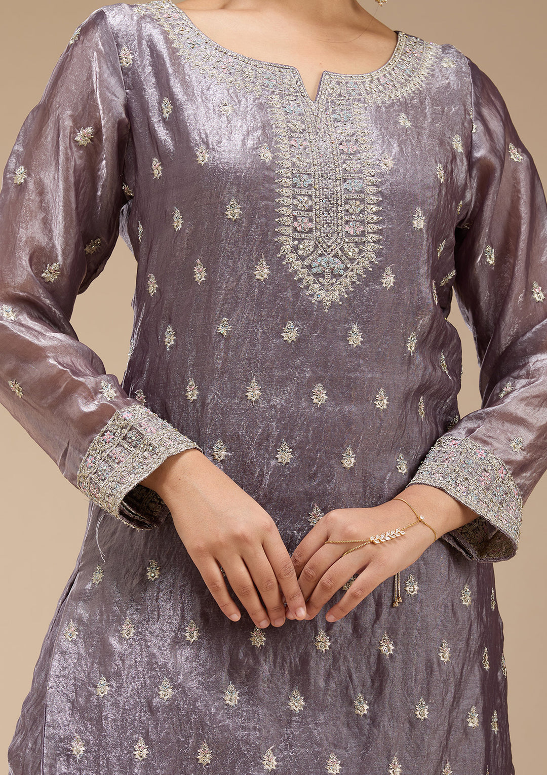 Dark Lavender Zariwork (Gold) Tissue Readymade Salwar Suit
