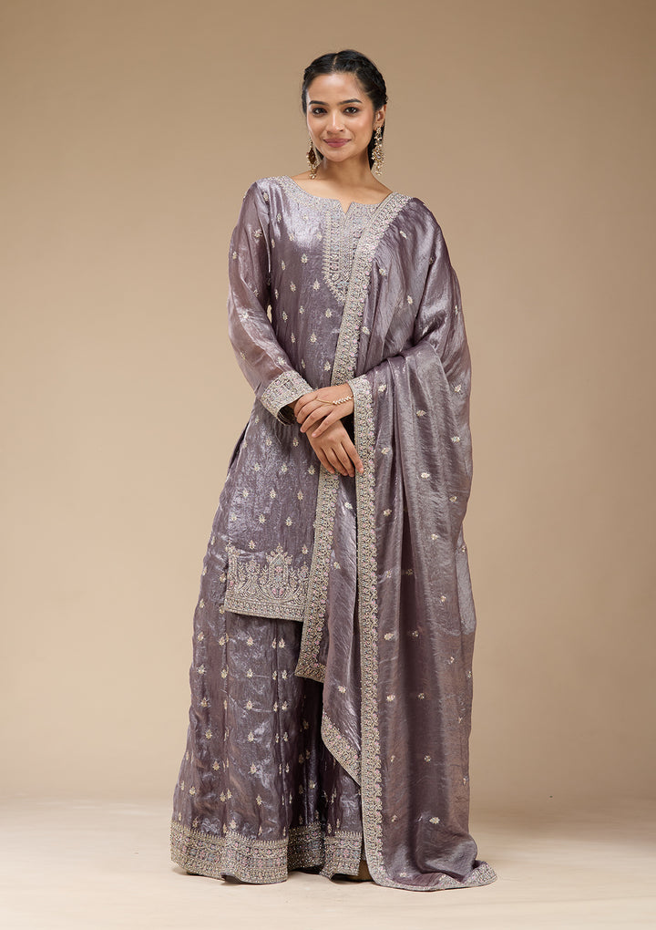 Dark Lavender Zariwork (Gold) Tissue Readymade Salwar Suit