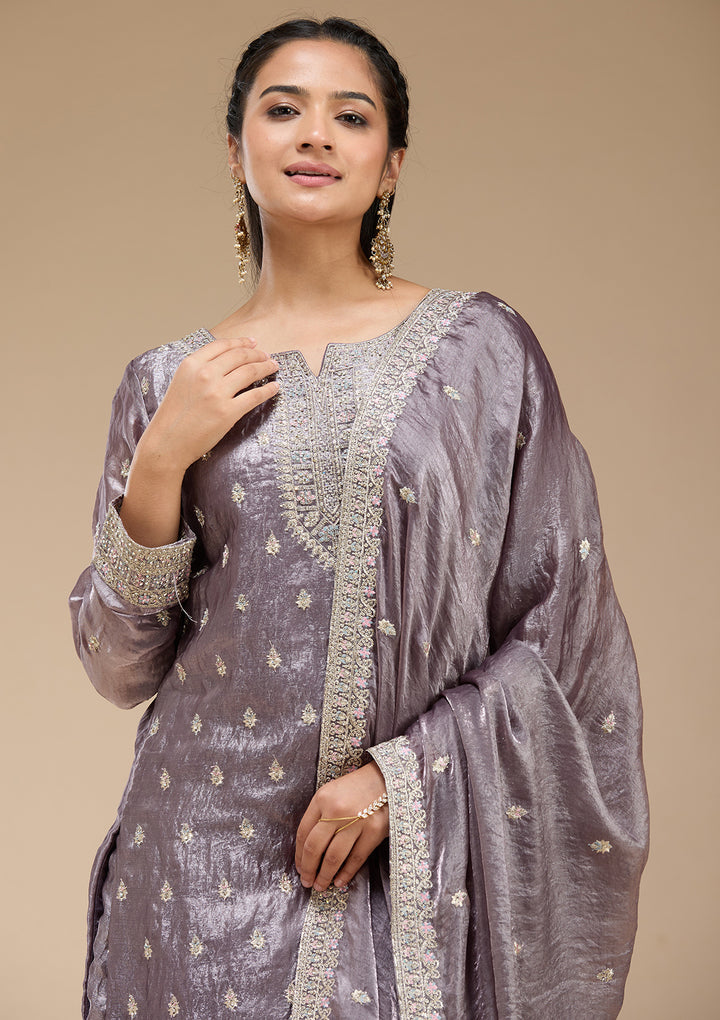 Dark Lavender Zariwork (Gold) Tissue Readymade Salwar Suit