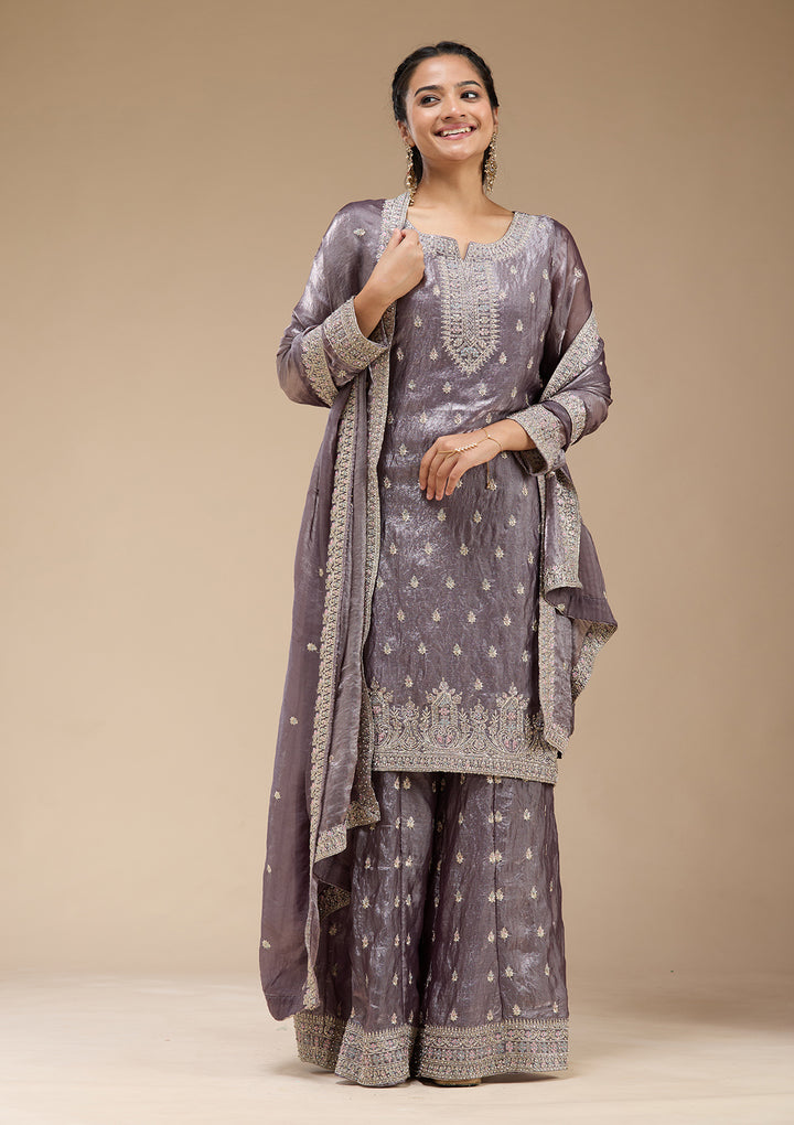 Dark Lavender Zariwork (Gold) Tissue Readymade Salwar Suit