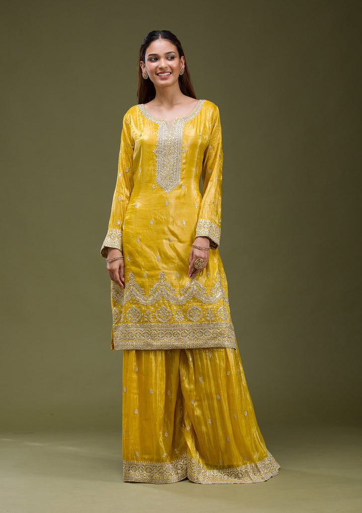 Yellow Threadwork Chinon Readymade salwar suit