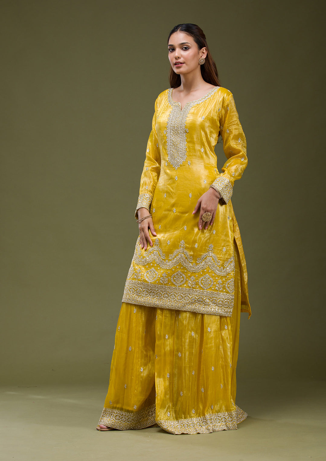 Yellow Threadwork Chinon Readymade salwar suit