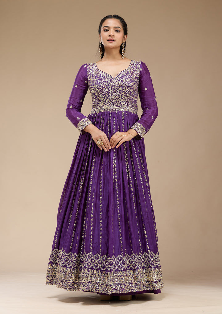 Purple Crepe Sequins Anarkali Kurta With Bottom And Dupatta