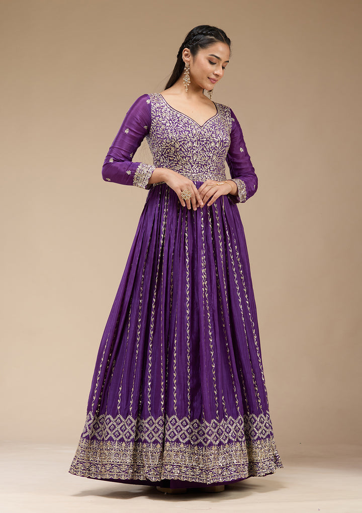 Purple Crepe Sequins Anarkali Kurta With Bottom And Dupatta