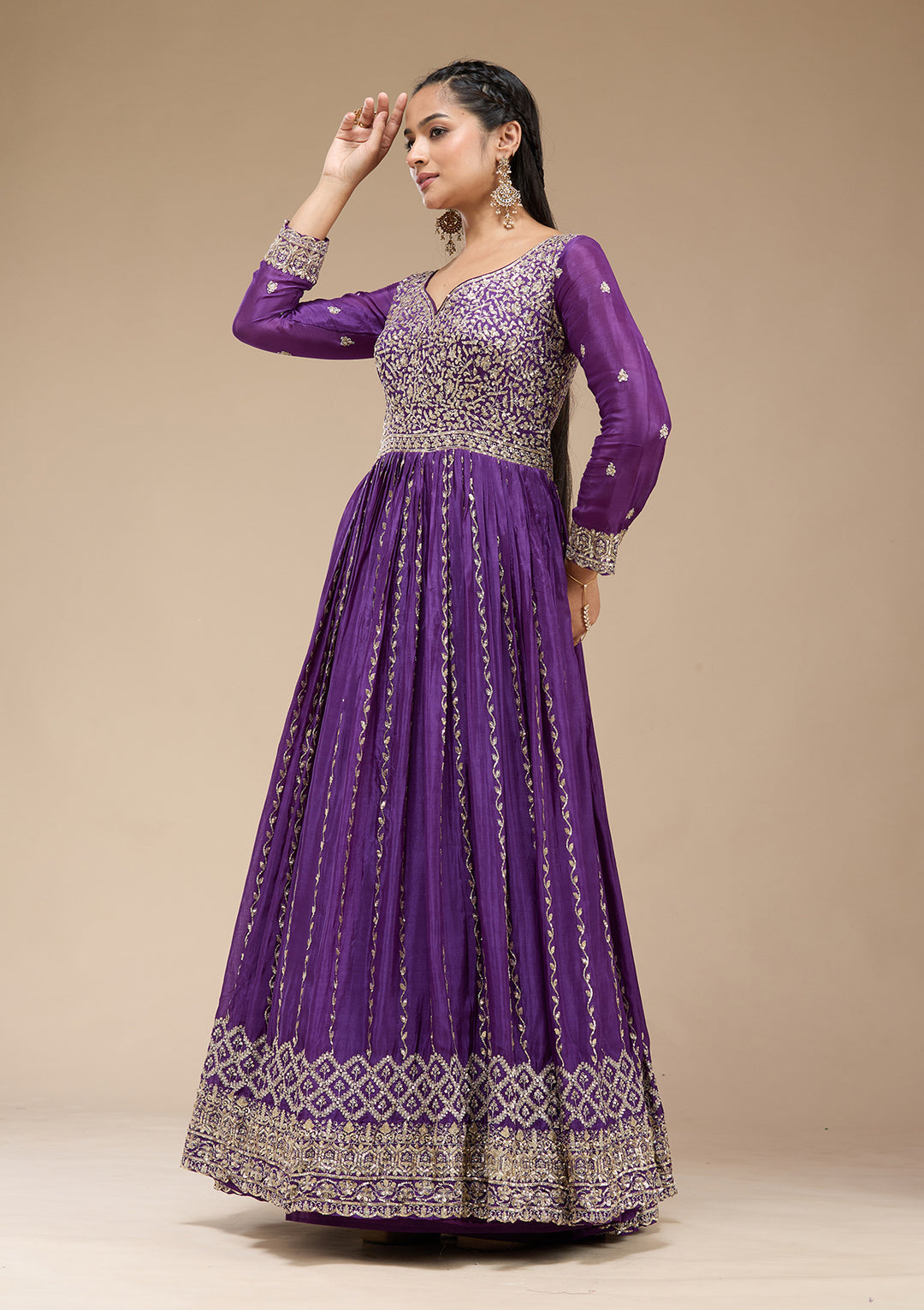 Purple Crepe Sequins Anarkali Kurta With Bottom And Dupatta