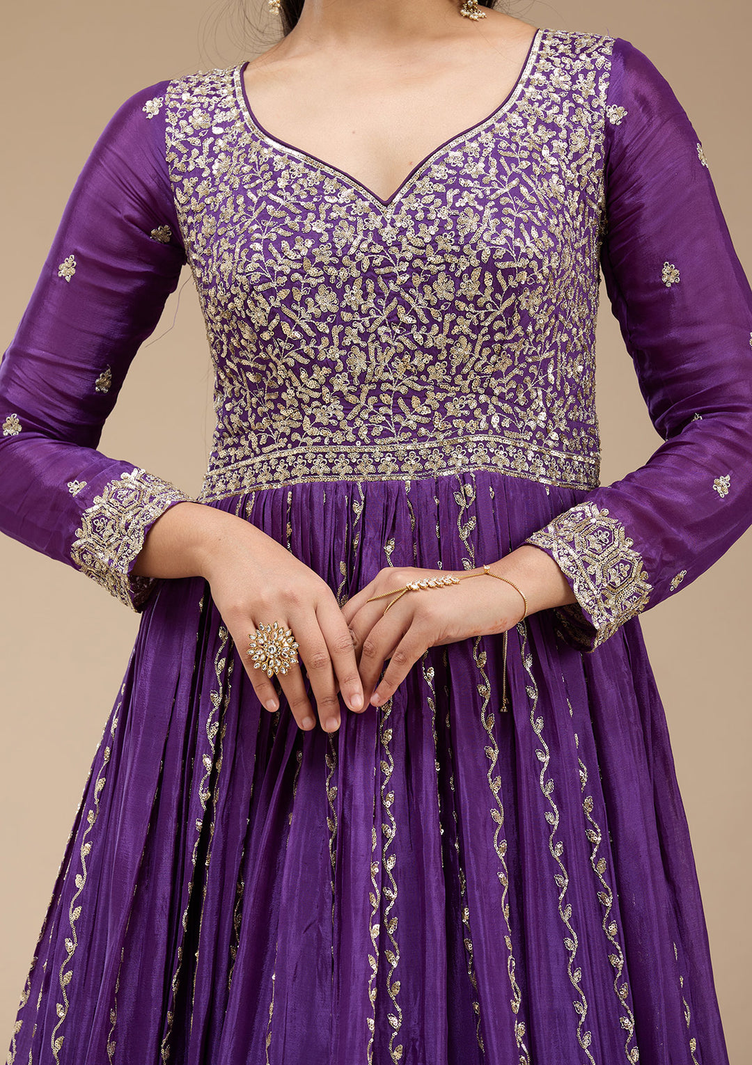 Purple Crepe Sequins Anarkali Kurta With Bottom And Dupatta