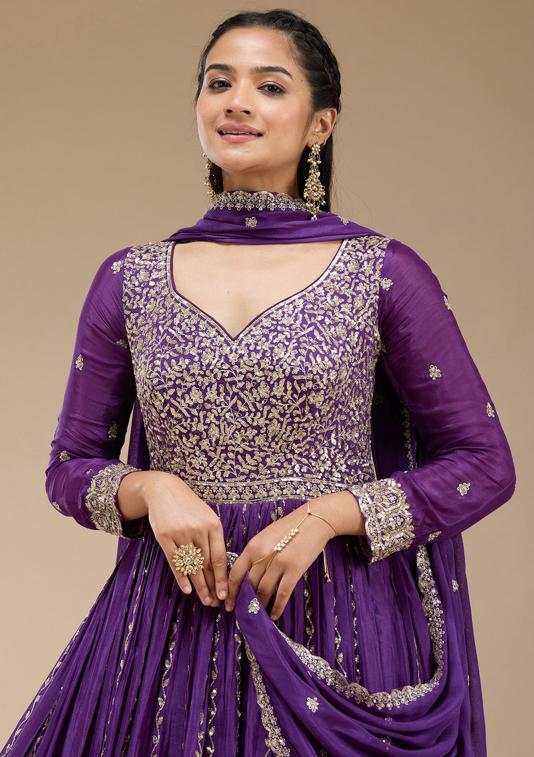 Purple Crepe Sequins Anarkali Kurta With Bottom And Dupatta