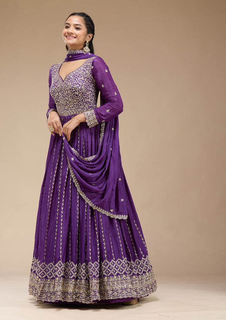 Purple Crepe Sequins Anarkali Kurta With Bottom And Dupatta
