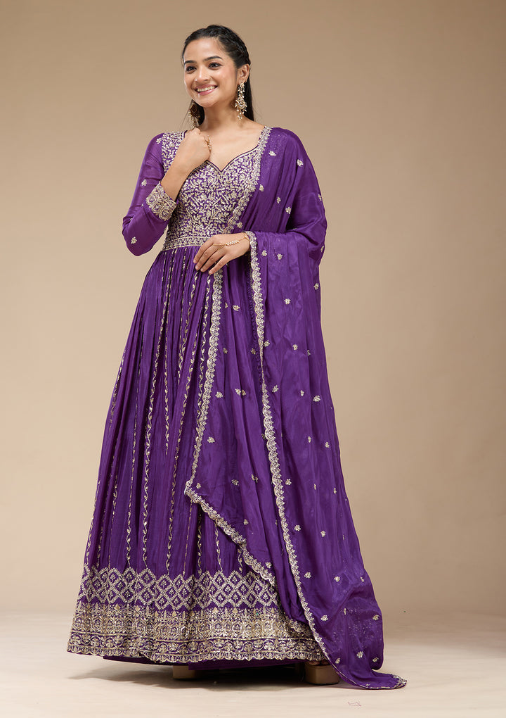 Purple Crepe Sequins Anarkali Kurta With Bottom And Dupatta